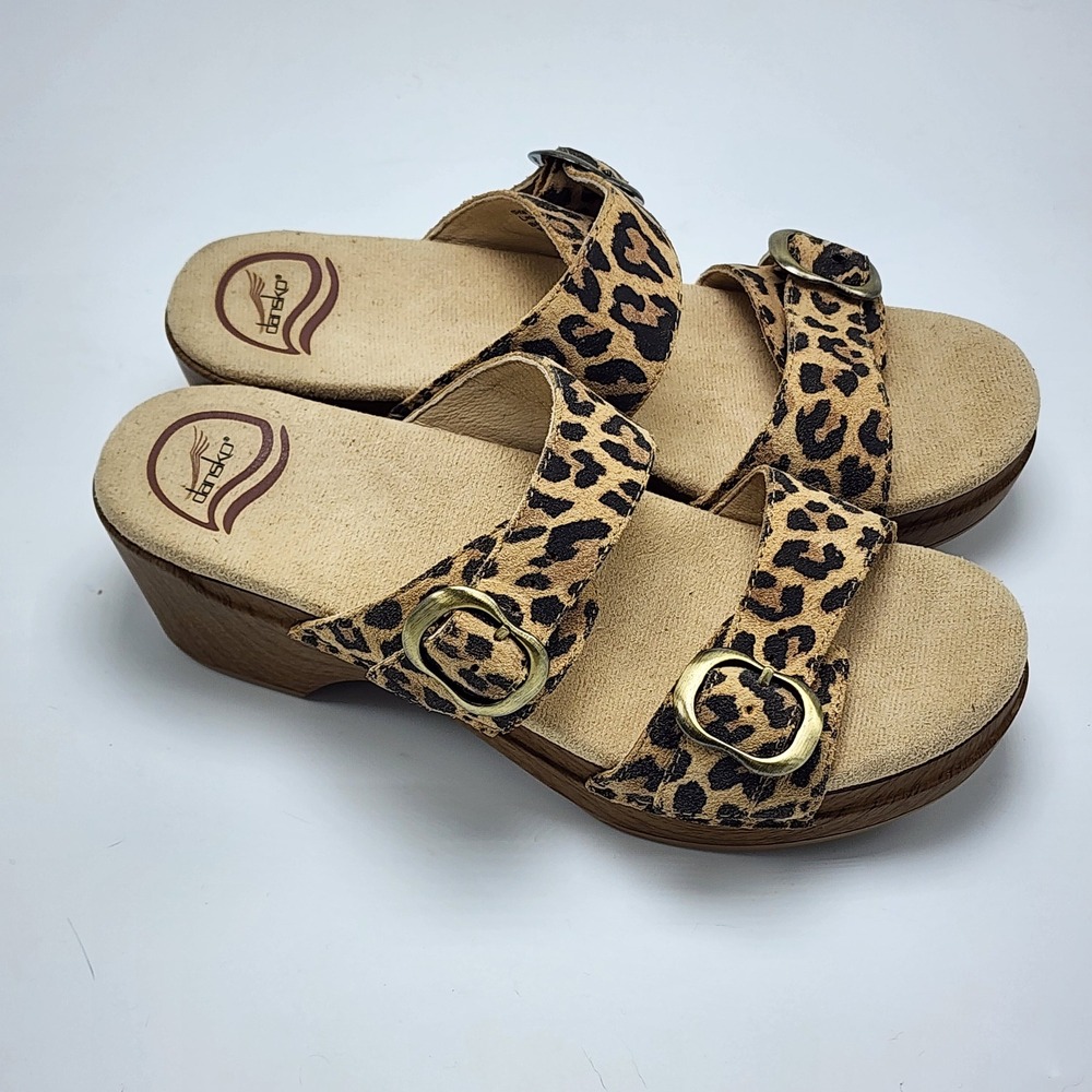 Dansko Leopard Print Leather Slide Sandals Womens 37 Wedge Buckle Size 6.5 - Picture 6 of 13